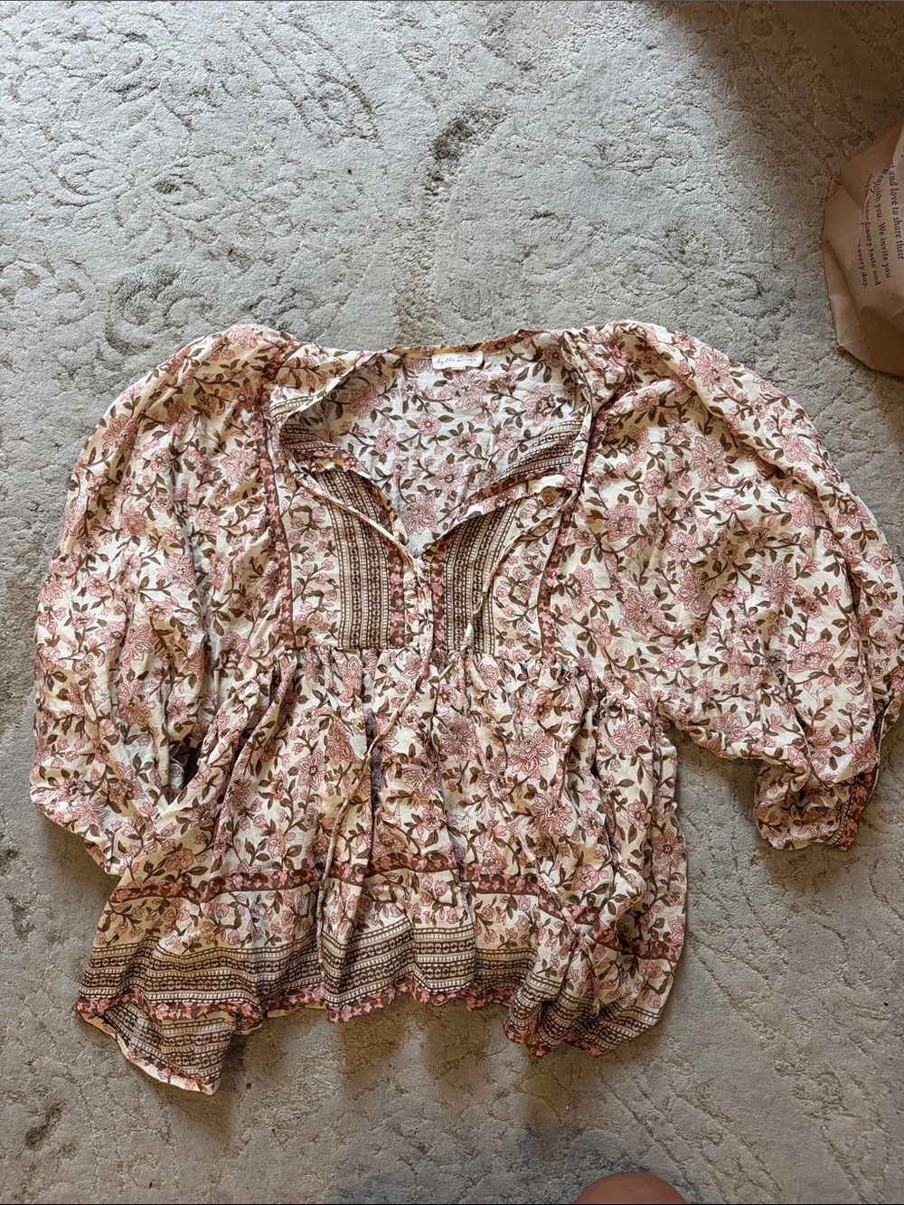 Bohemian Floral Peasant Tunic in Pink and Cream
